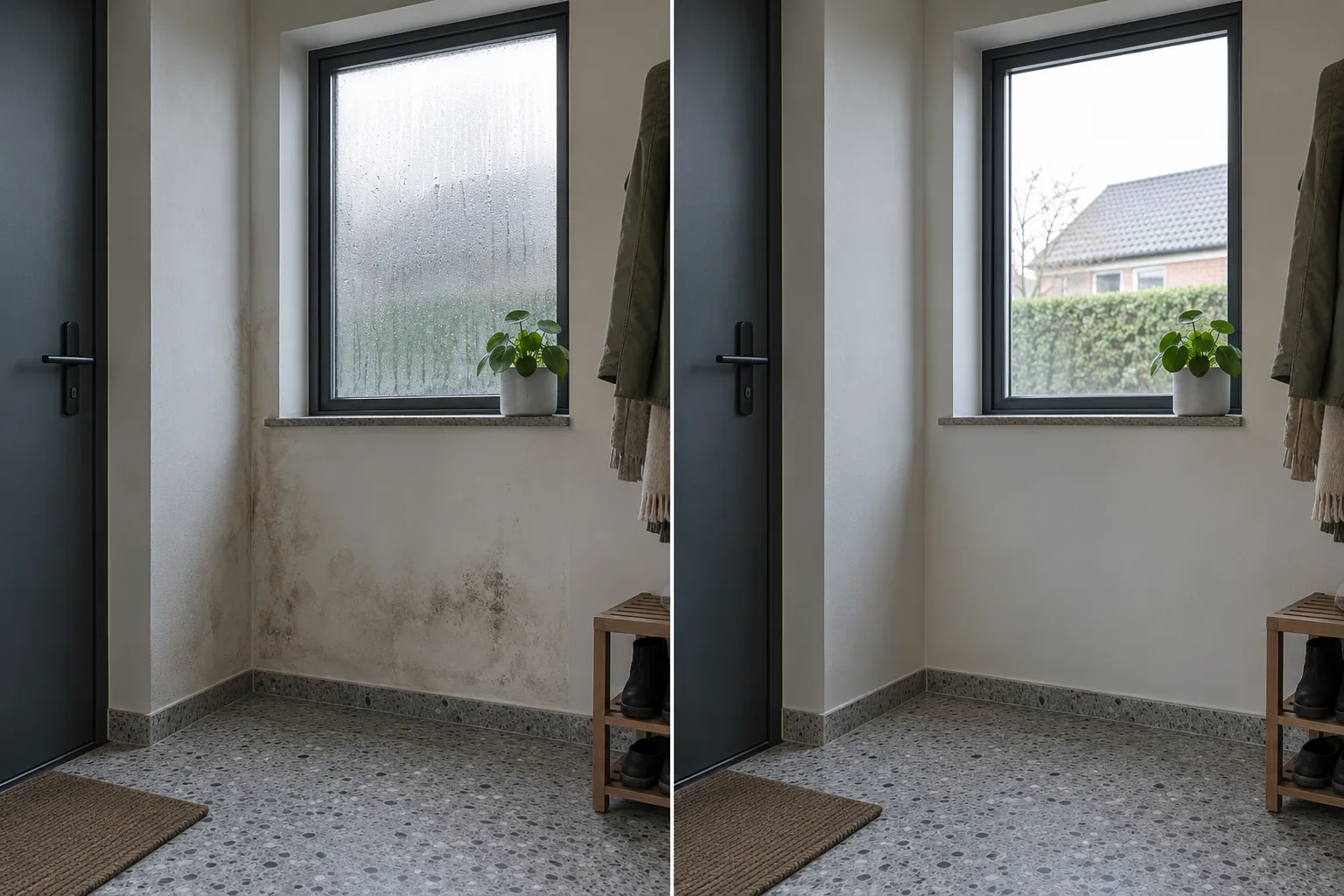 AI-visualisatie: Condensatievocht en condens op ramen oplossen: voorbeeld 2 vóór en na aanpak van de oorzaak, droging en herstel.