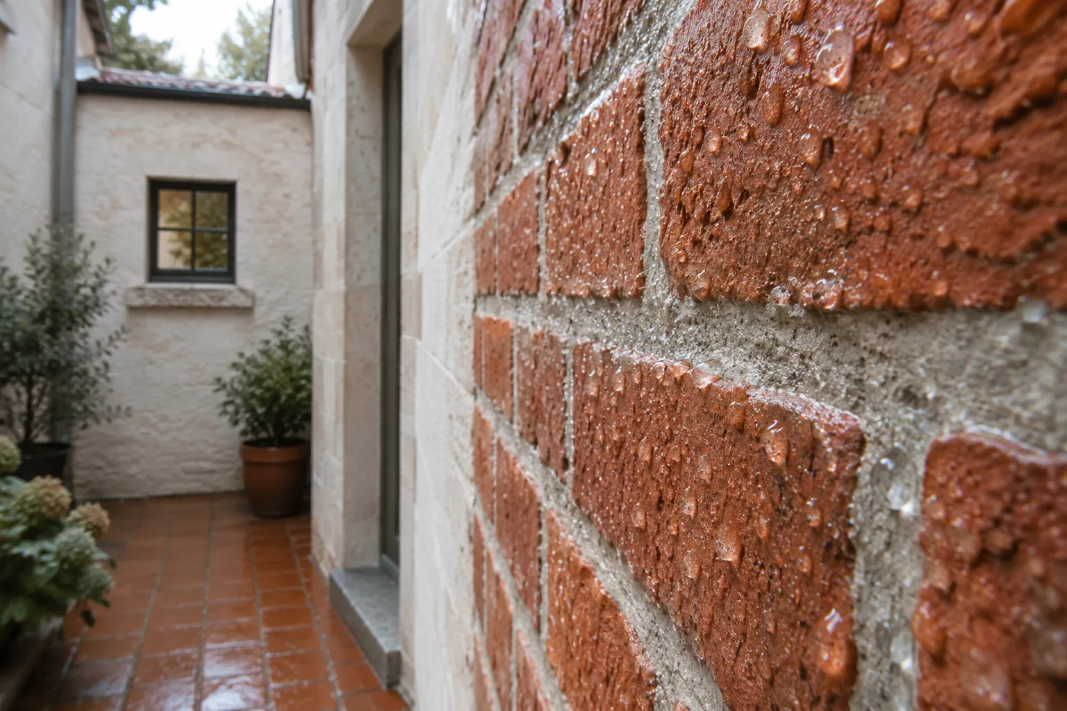 Gevel impregneren: waterdruppels op behandeld baksteen