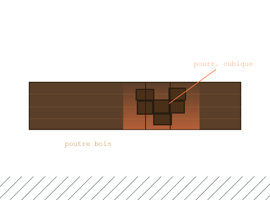 Poutre en bois horizontale attaquee par la pourriture brune avec des fissures cubiques et une zone d'humidite orange