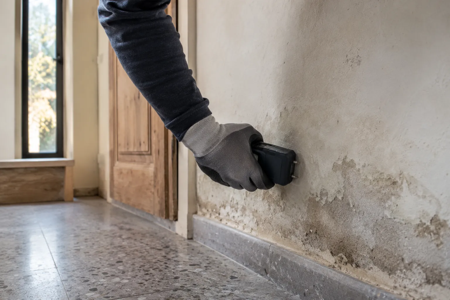 Vochtbestrijding in Heist-op-den-Berg: vochtmeting op een aangetaste binnenmuur