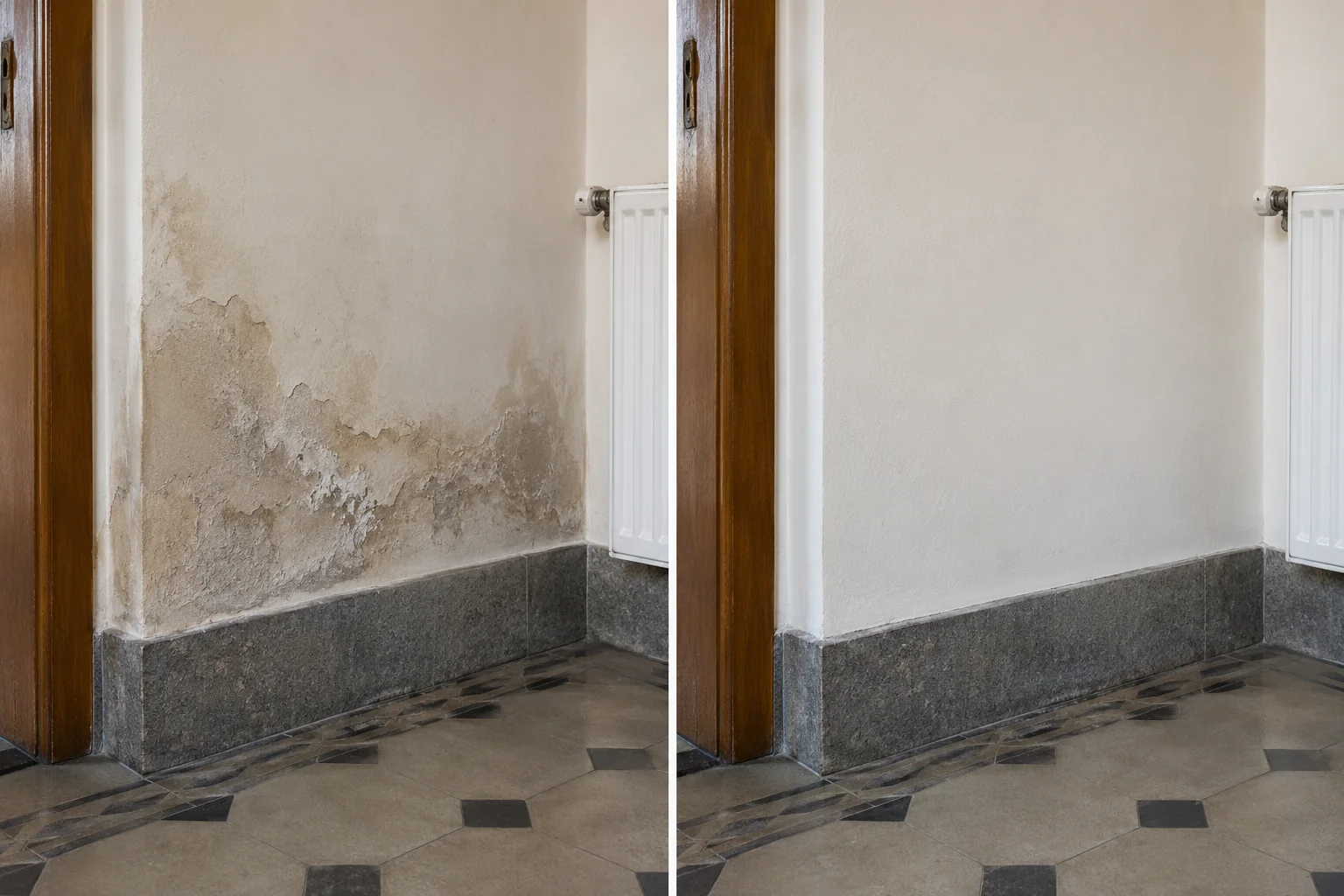 AI-visualisatie van opstijgend vocht voor en na herstel: links beschadigd pleisterwerk, rechts dezelfde binnenmuur met herstelde afwerking